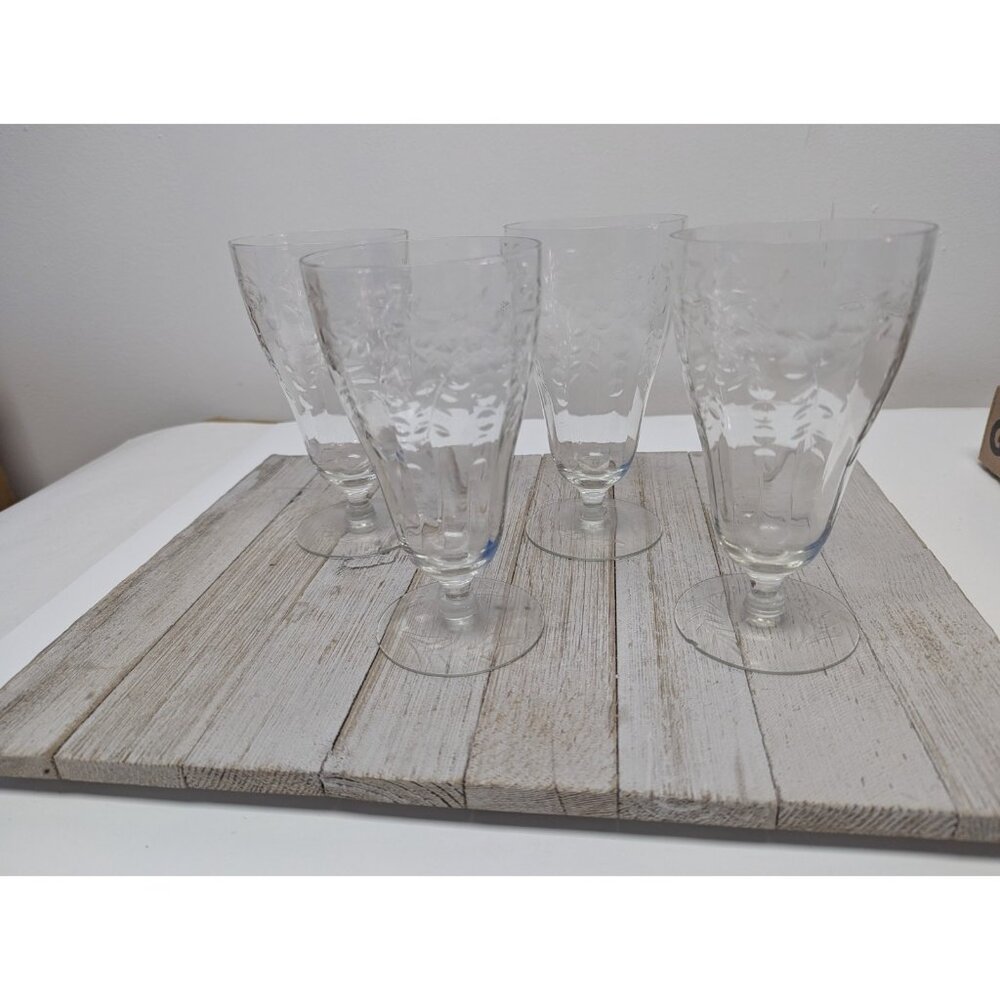 Set Of 4 Vintage Flower Etched Large Crystal Iced Tea Glass 6 1/4” Clear *